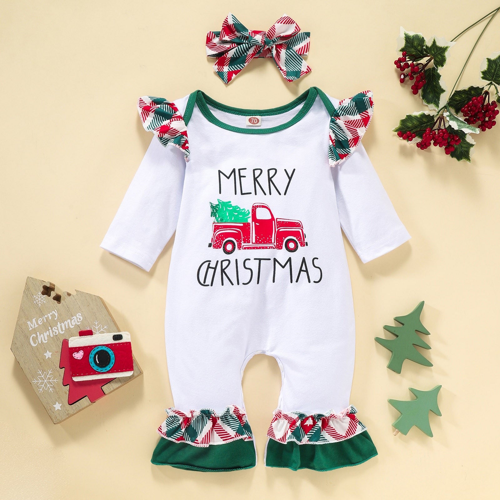 2023-Infant Baby Unisex Christmas Trees Xmas Letter Printed Long Sleeve Romper with Headband