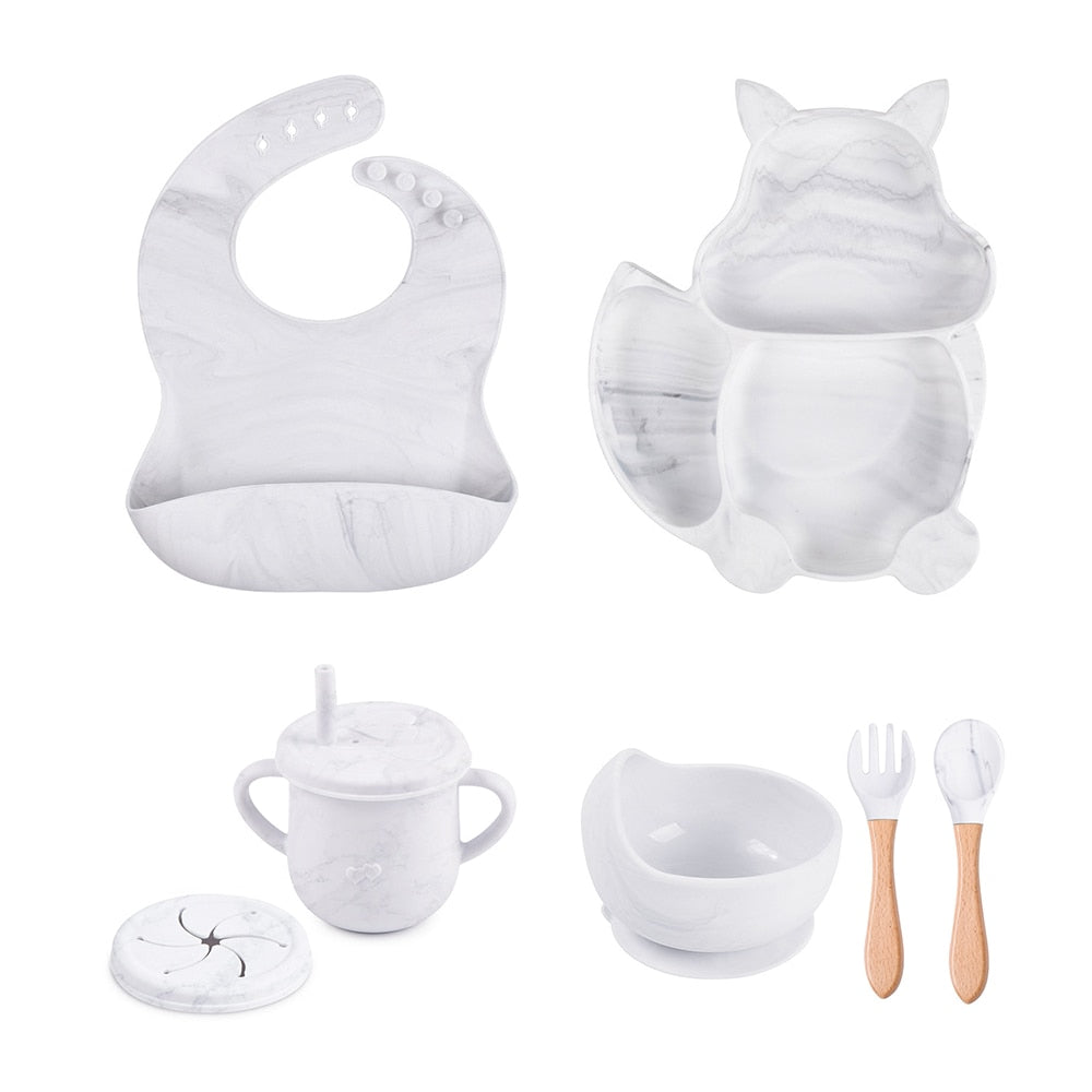 4/6/8 PCS Baby Soft Silicone Sucker Bowl Plate Cup Bibs Spoon Fork Sets Non-slip Tableware Children&#39;s Feeding Dishes BPA Free