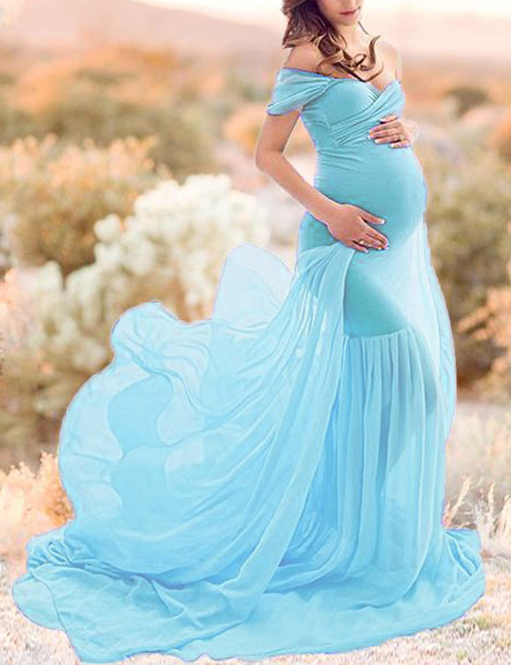 Long Maternity Photography for Photoshoot. Off Shoulder Pregnant Dress, Maxi Maternity Gown