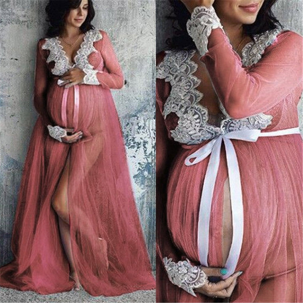 TELOTUNY Pregnant Women Lace Up Long Sleeve Maternity Dress, Ladies Photo shoot Maxi Gown