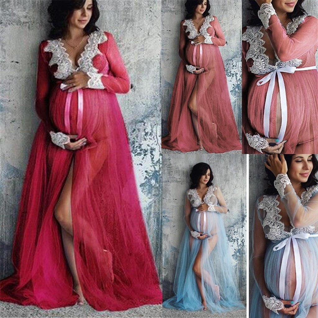 TELOTUNY Pregnant Women Lace Up Long Sleeve Maternity Dress, Ladies Photo shoot Maxi Gown