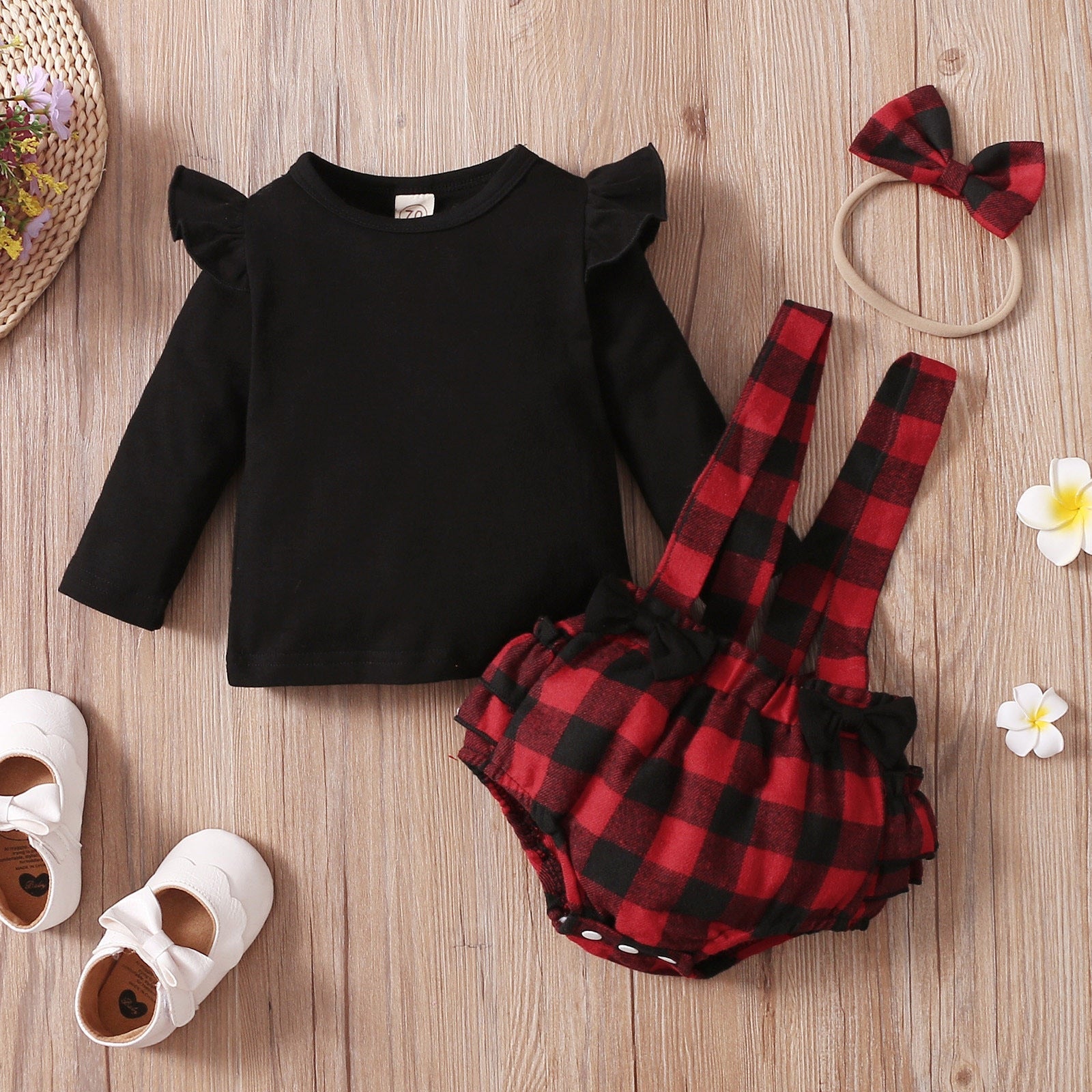 3PCS Infant Baby Girl Fall/Winter Solid Long Sleeve Tops+Plaid Printed Ruffles Suspender outfit