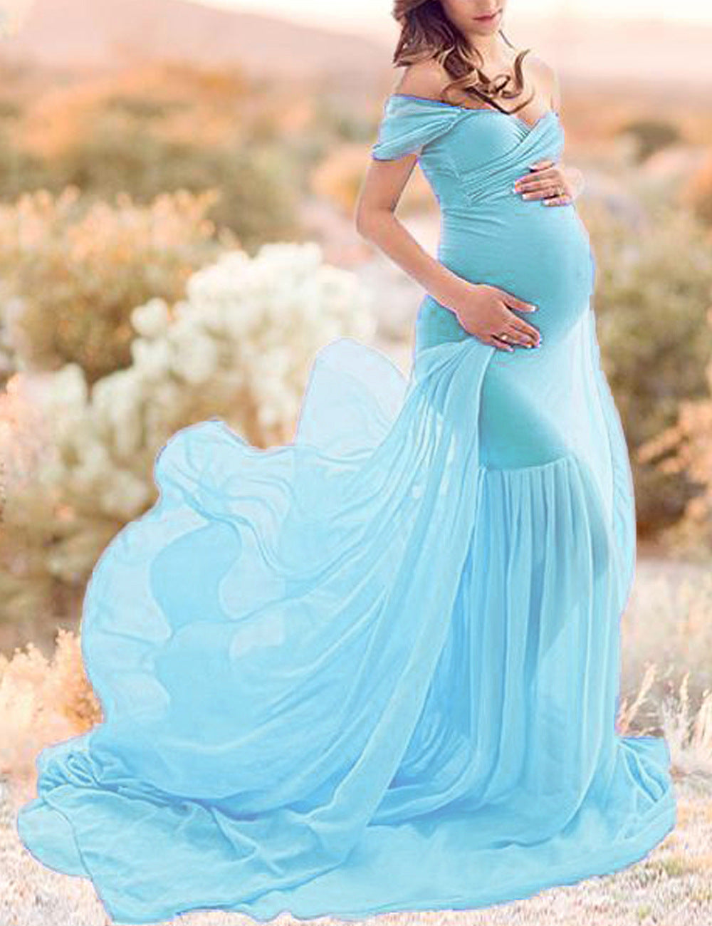 Long Maternity Photography for Photoshoot. Off Shoulder Pregnant Dress, Maxi Maternity Gown