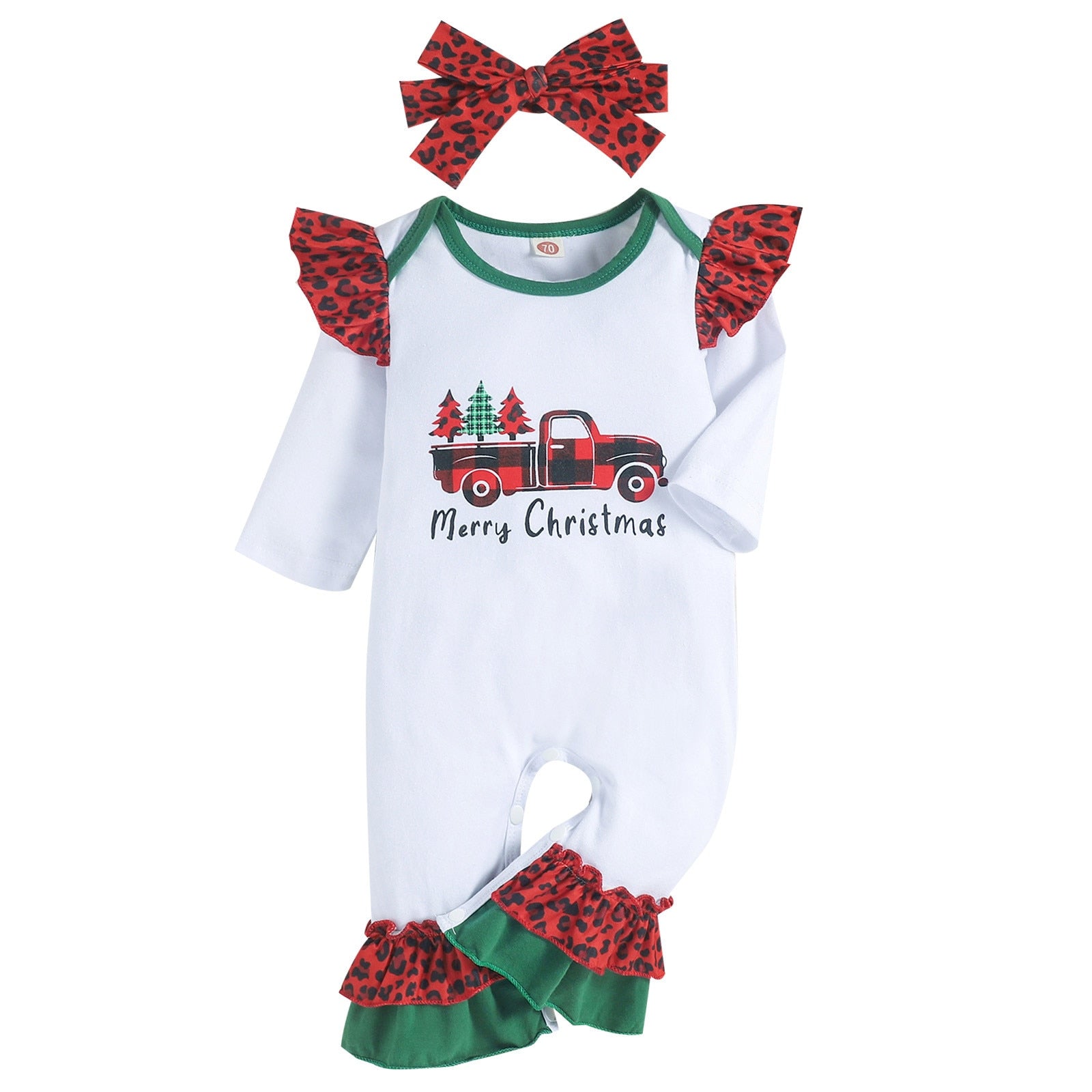 2023-Infant Baby Unisex Christmas Trees Xmas Letter Printed Long Sleeve Romper with Headband