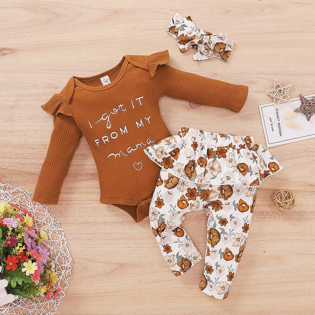 3PCS Sets Newborn baby girl clothes 2022 Winter Letter Print Bodysuit+Floral Pants+Headband