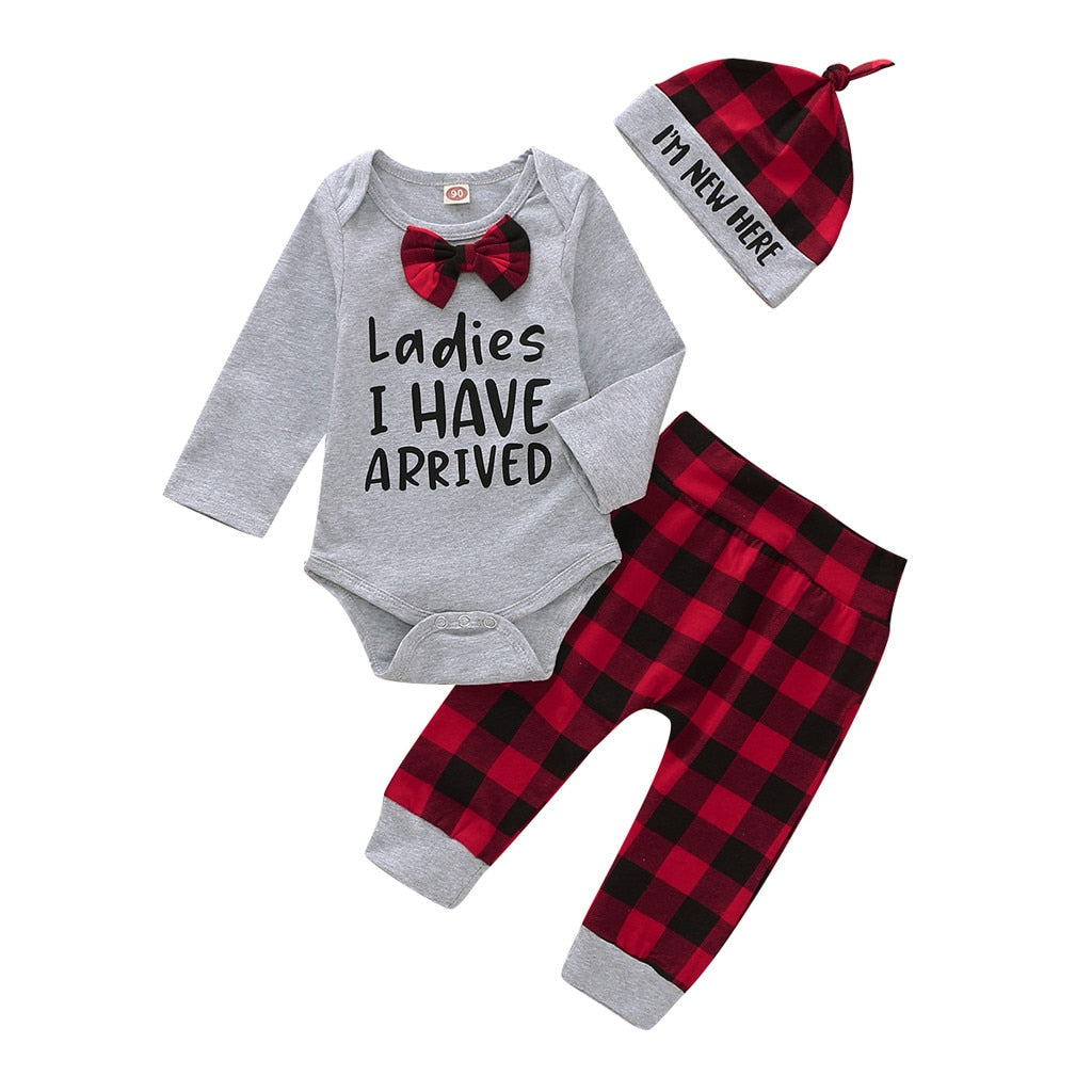 2023 Newborn Infant Baby Boys long sleeve Romper, Plaid Pants Hat Outfit