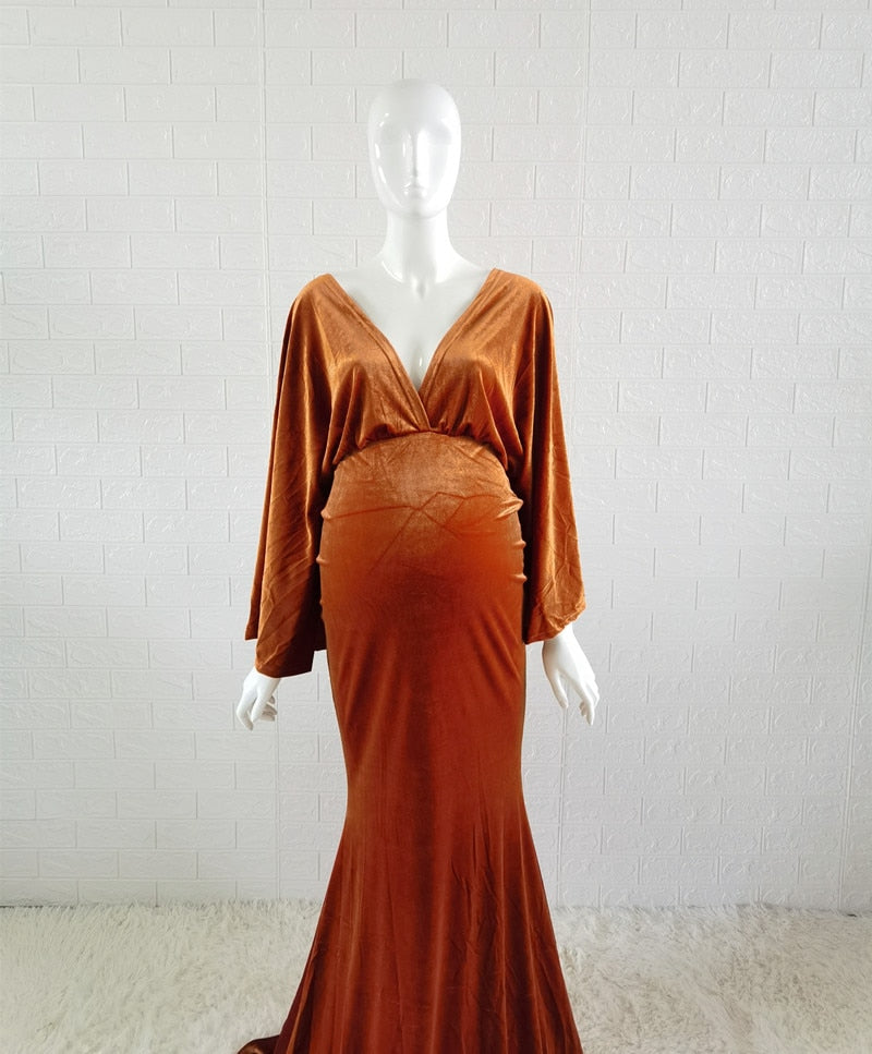 2023 Winter Velvet Boho Maternity Long Dress For Photo Shoot Bohemian Maternity Velvet V-neck Dress