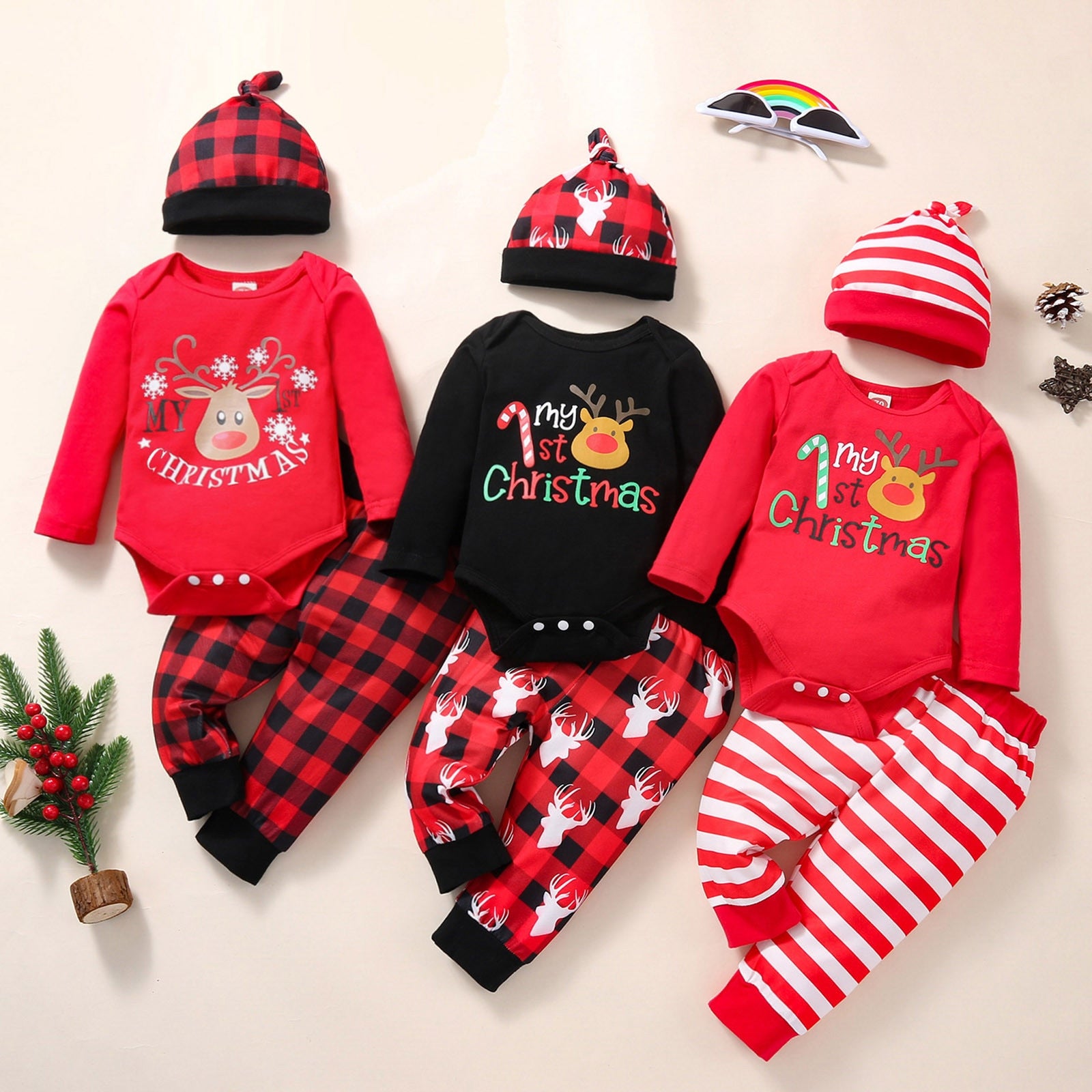 3pcs Infant Unisex Christmas Cartoon Deer Printed Romper Bodysuit+Pants+Hat Outfit