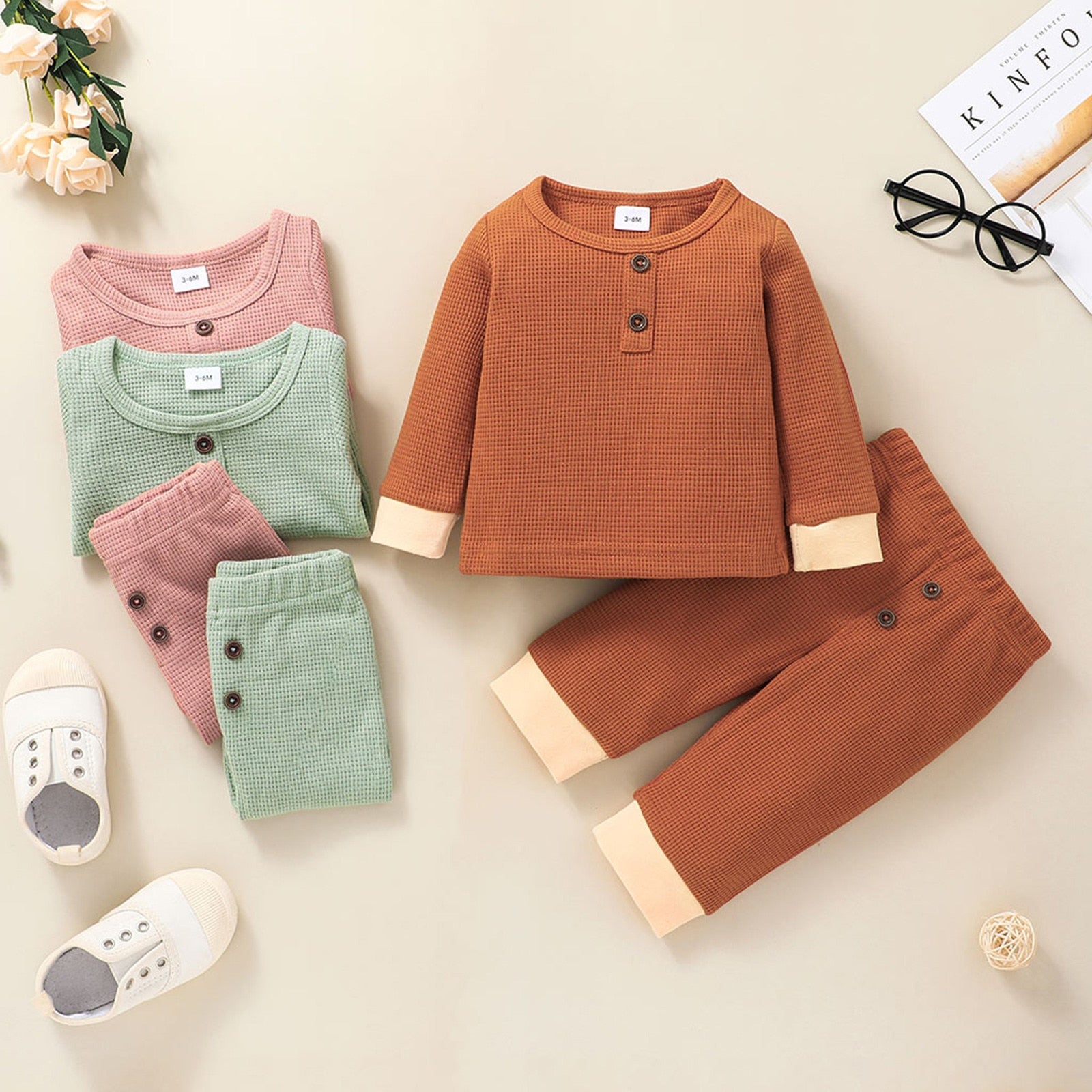 Newborn Unisex Buttoned Patchwork Sweatshirt +Pants Set