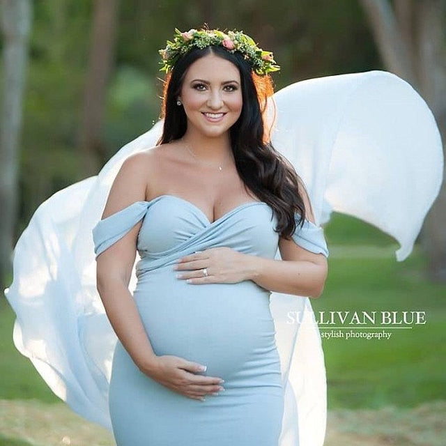 Long Maternity Photography for Photoshoot. Off Shoulder Pregnant Dress, Maxi Maternity Gown