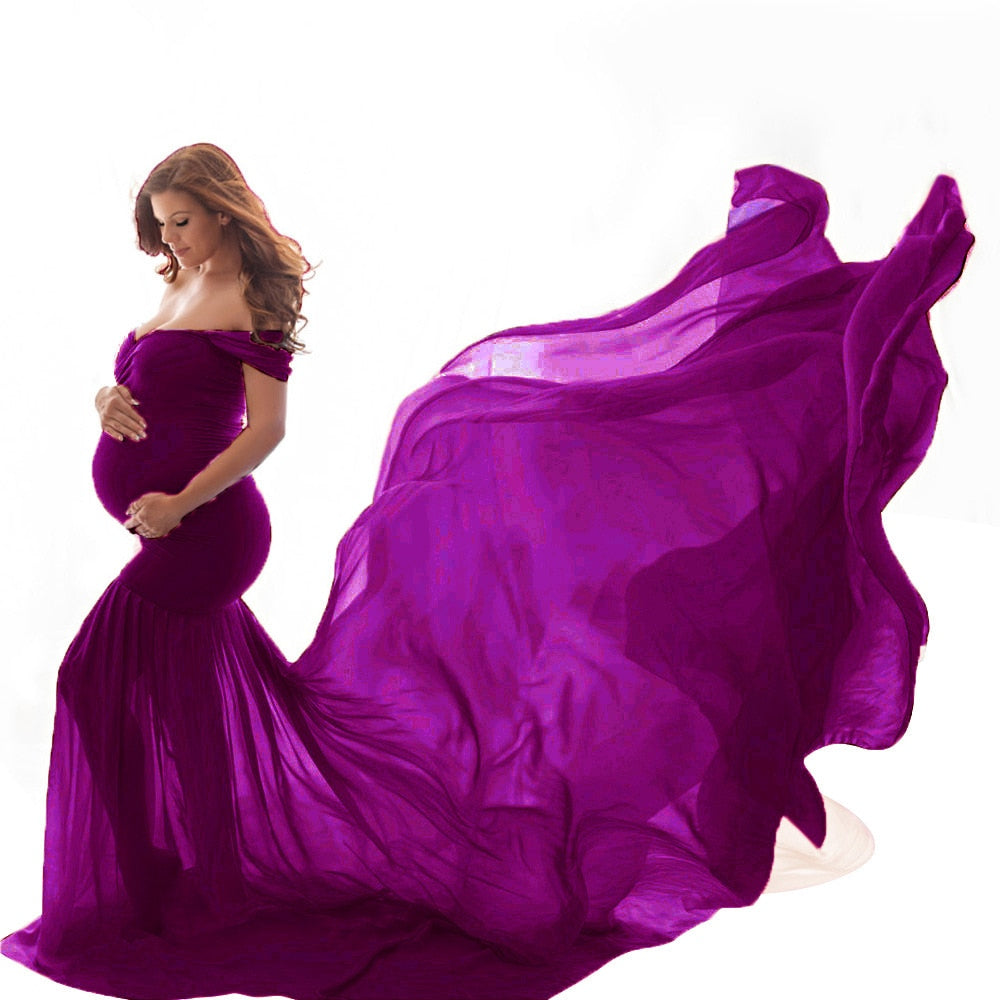 Long Maternity Photography for Photoshoot. Off Shoulder Pregnant Dress, Maxi Maternity Gown