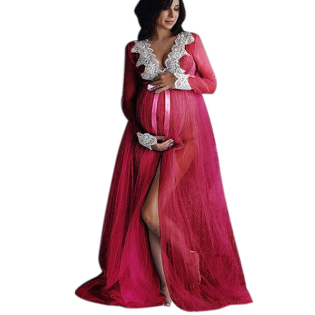 TELOTUNY Pregnant Women Lace Up Long Sleeve Maternity Dress, Ladies Photo shoot Maxi Gown