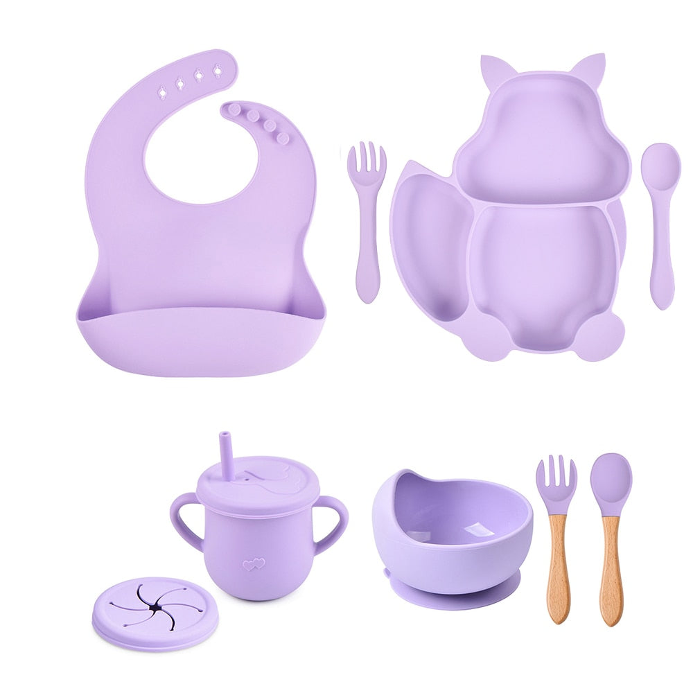 4/6/8 PCS Baby Soft Silicone Sucker Bowl Plate Cup Bibs Spoon Fork Sets Non-slip Tableware Children&#39;s Feeding Dishes BPA Free