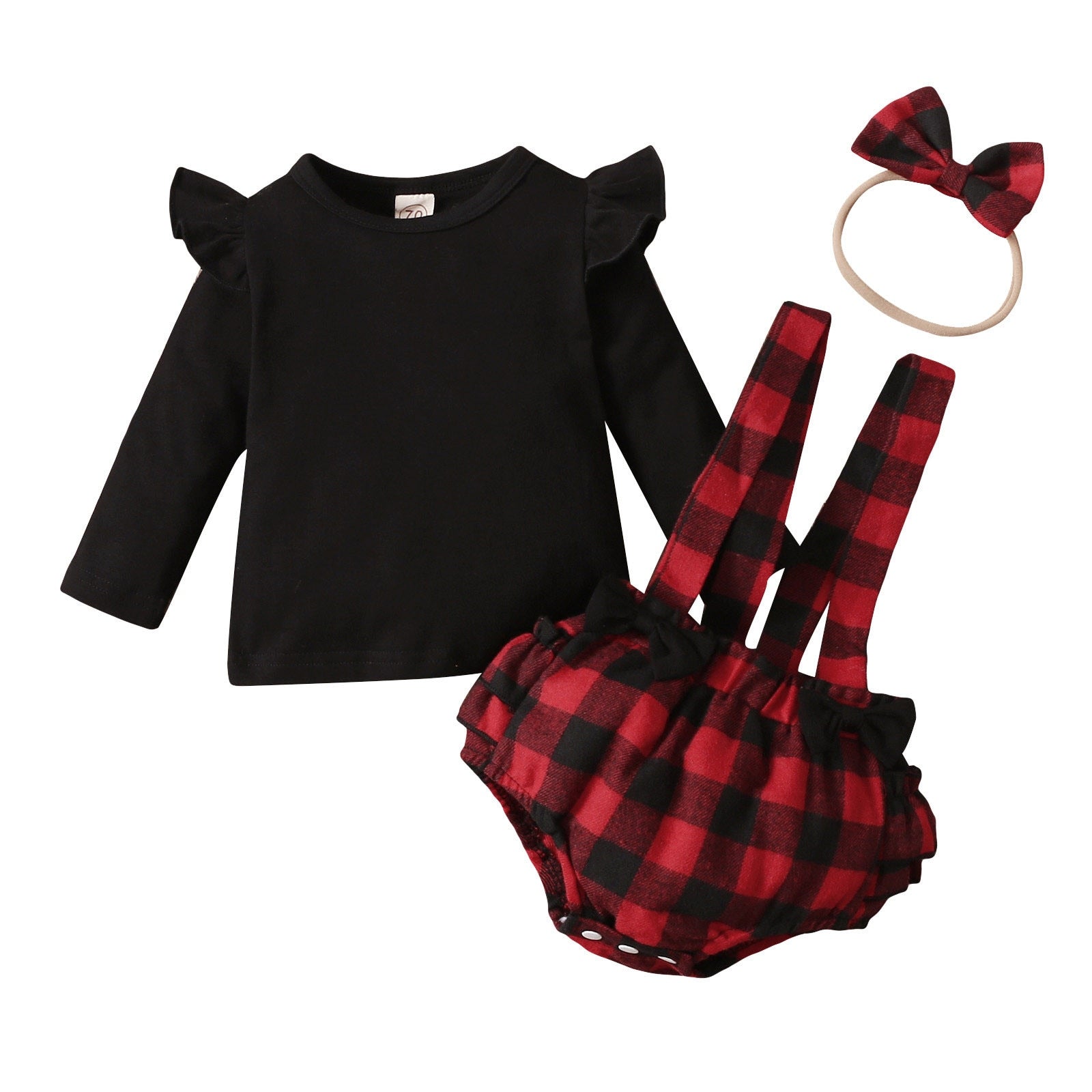 3PCS Infant Baby Girl Fall/Winter Solid Long Sleeve Tops+Plaid Printed Ruffles Suspender outfit