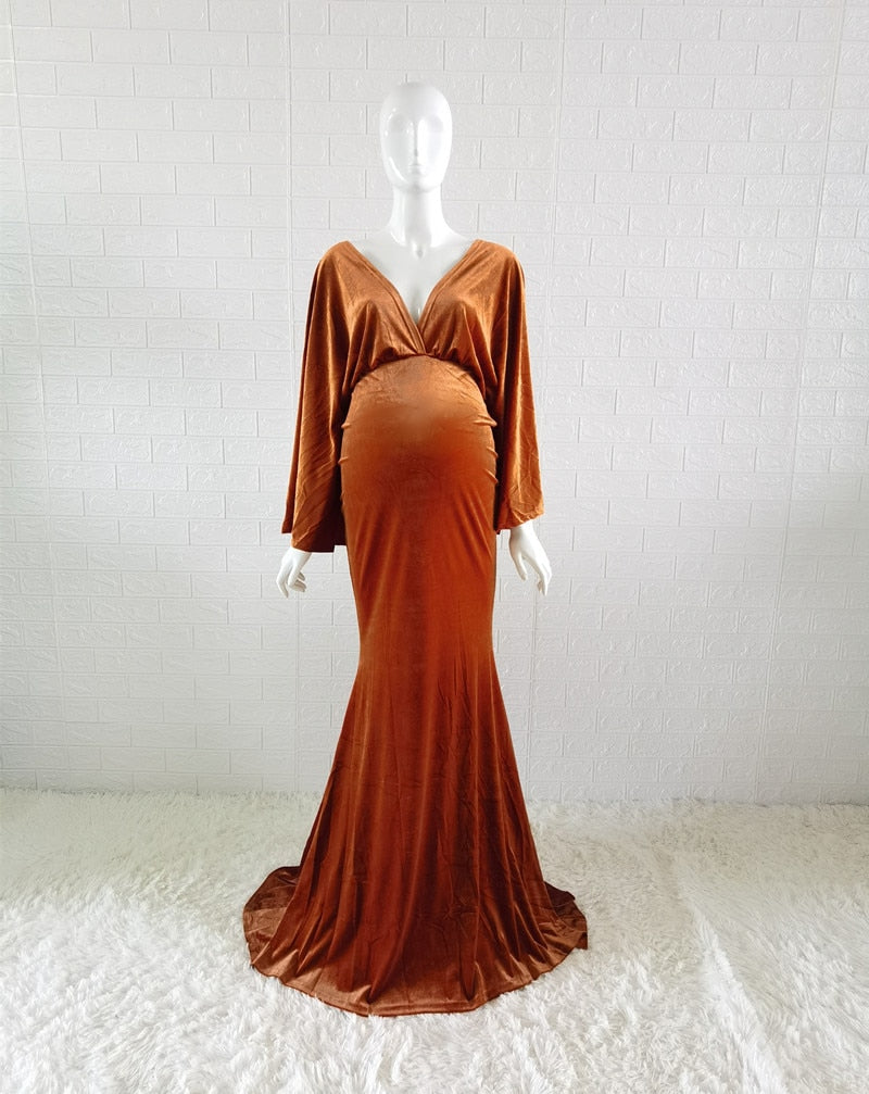 2023 Winter Velvet Boho Maternity Long Dress For Photo Shoot Bohemian Maternity Velvet V-neck Dress