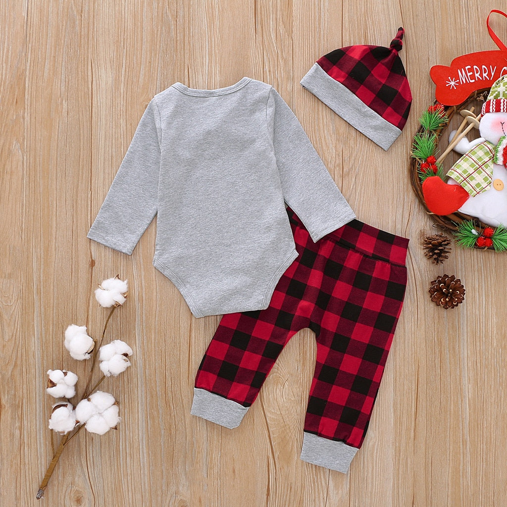 2023 Newborn Infant Baby Boys long sleeve Romper, Plaid Pants Hat Outfit