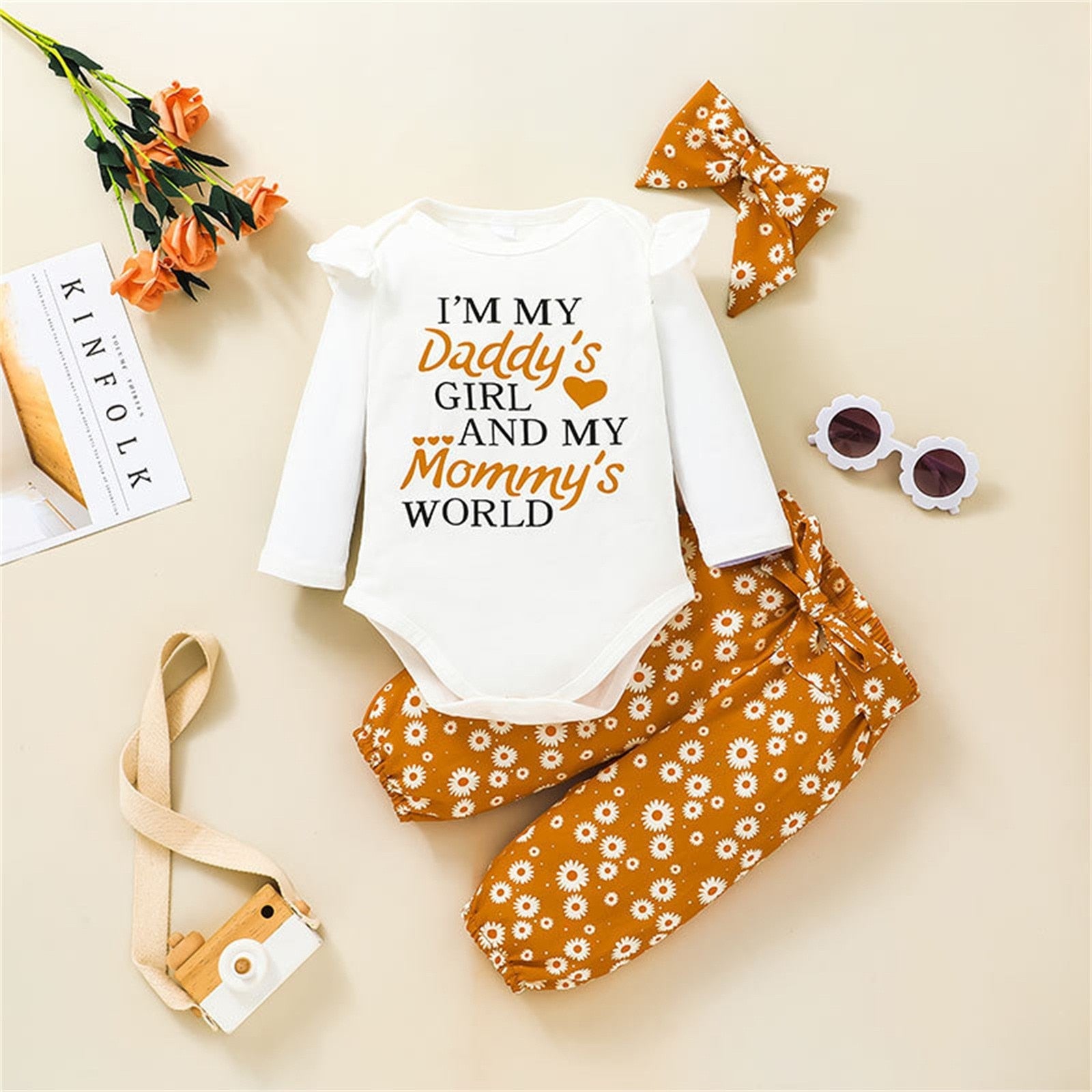 3PCS Newborn Infant girl Fall/Winter Romper Tops+ Floral Pants+Bowknot Headband Outfits