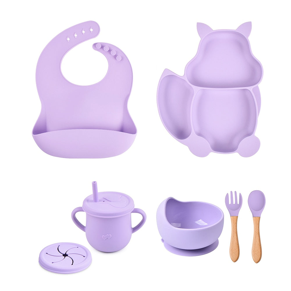 4/6/8 PCS Baby Soft Silicone Sucker Bowl Plate Cup Bibs Spoon Fork Sets Non-slip Tableware Children&#39;s Feeding Dishes BPA Free