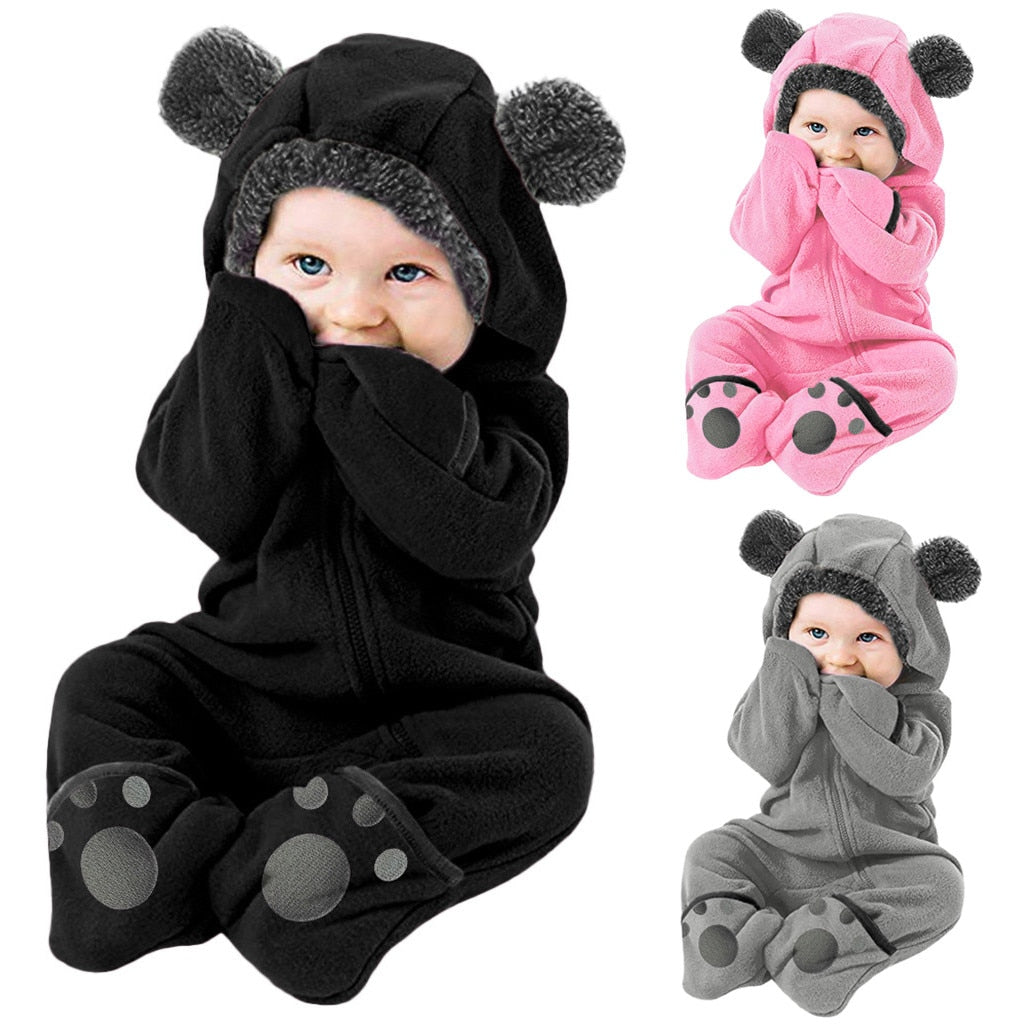 Newborn Rompers Cute Bear Ears Hooded Long Sleeve Jumpsuit