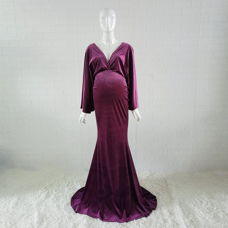 2023 Winter Velvet Boho Maternity Long Dress For Photo Shoot Bohemian Maternity Velvet V-neck Dress