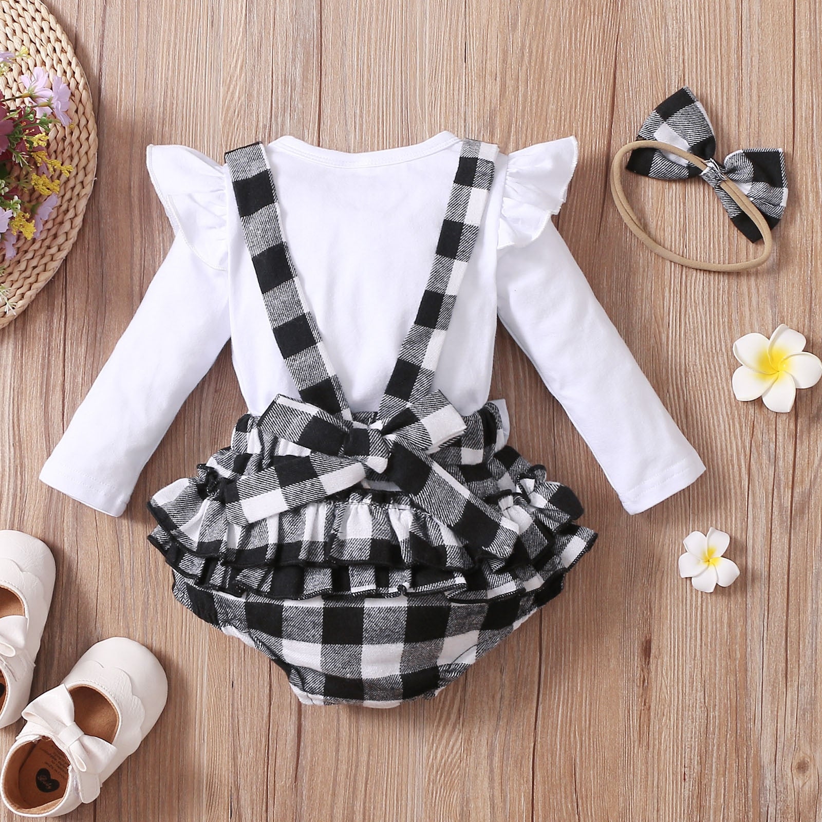 3PCS Infant Baby Girl Fall/Winter Solid Long Sleeve Tops+Plaid Printed Ruffles Suspender outfit