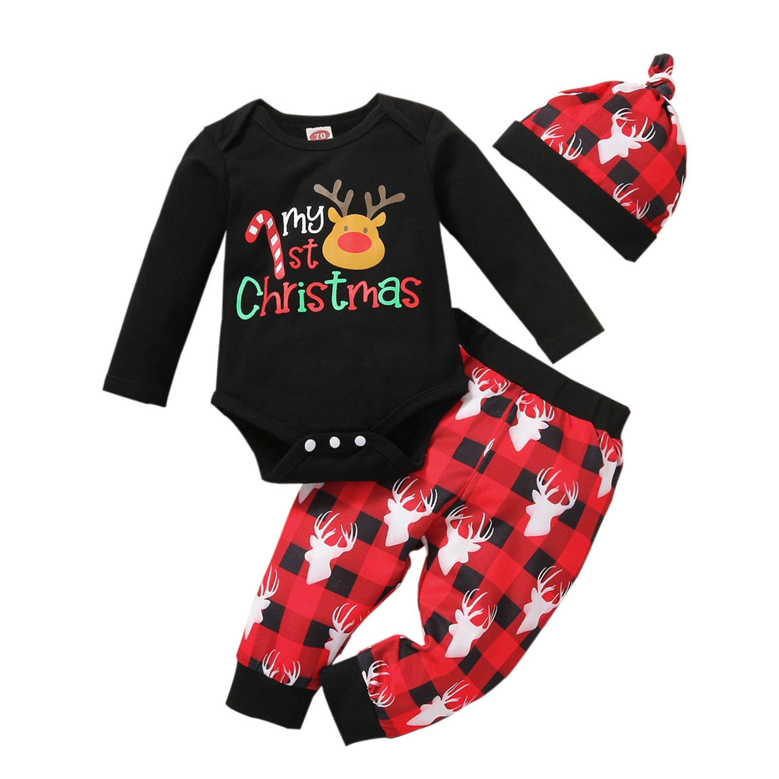 3pcs Infant Unisex Christmas Cartoon Deer Printed Romper Bodysuit+Pants+Hat Outfit