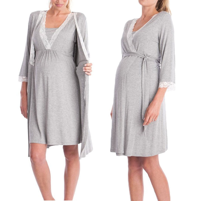 Maternity Robe Nightgown Pregnant Women Nursing Nightwear Lace Sleepwear With Adjustable Belt Pajama Dress Pregnancy Clothes