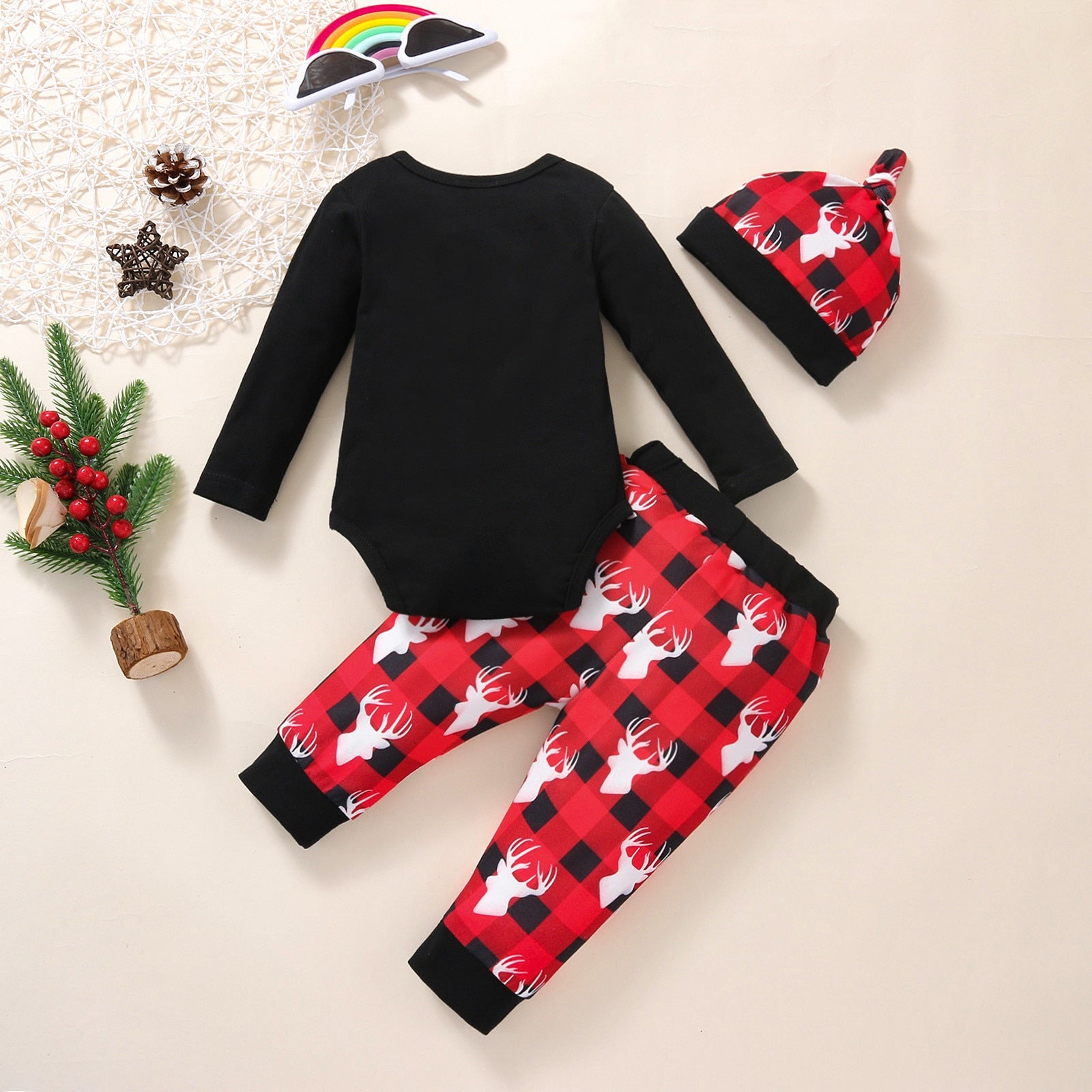 3pcs Infant Unisex Christmas Cartoon Deer Printed Romper Bodysuit+Pants+Hat Outfit