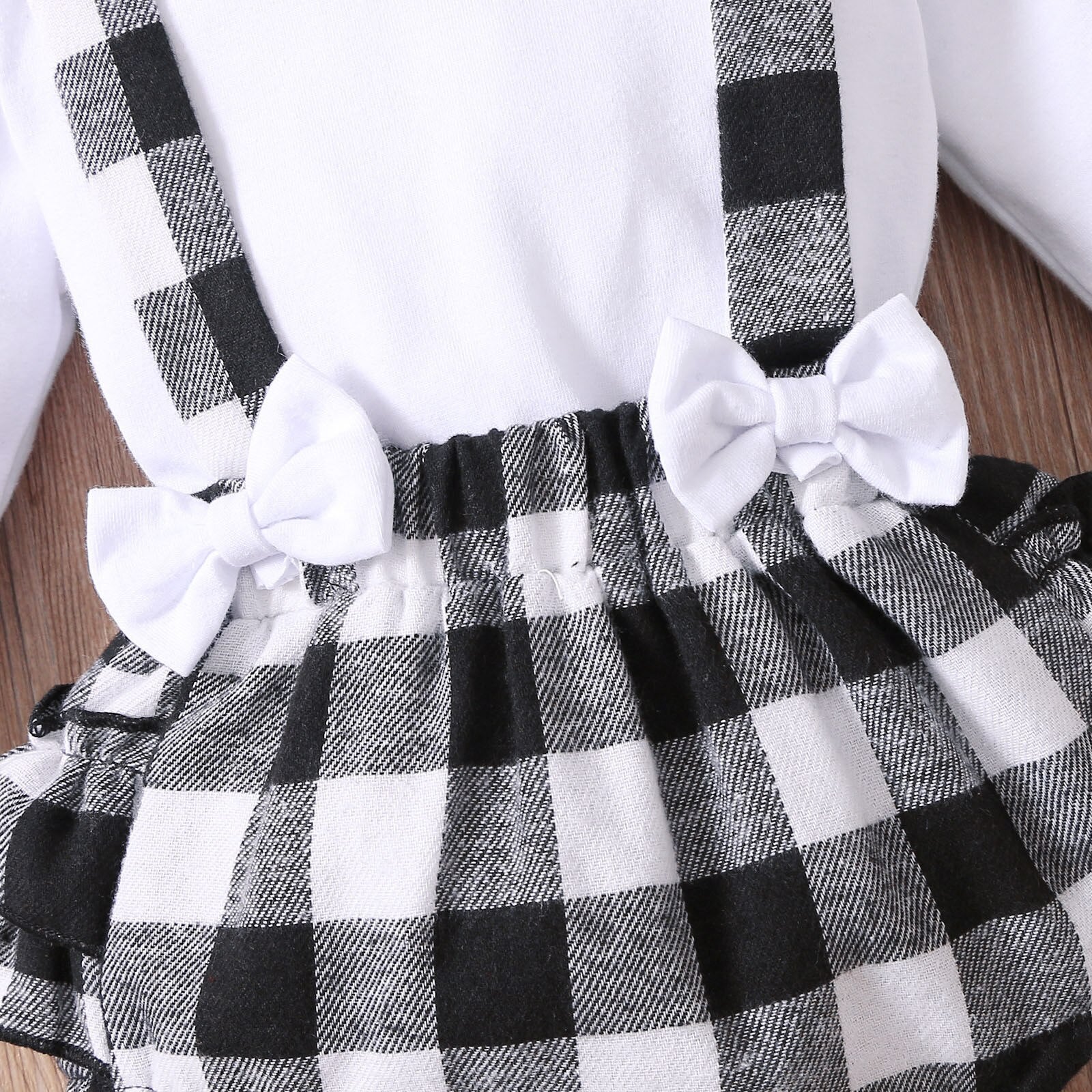 3PCS Infant Baby Girl Fall/Winter Solid Long Sleeve Tops+Plaid Printed Ruffles Suspender outfit