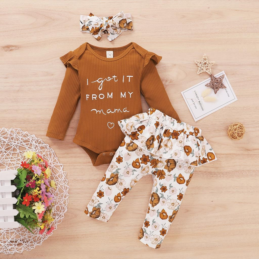 3PCS Sets Newborn baby girl clothes 2022 Winter Letter Print Bodysuit+Floral Pants+Headband