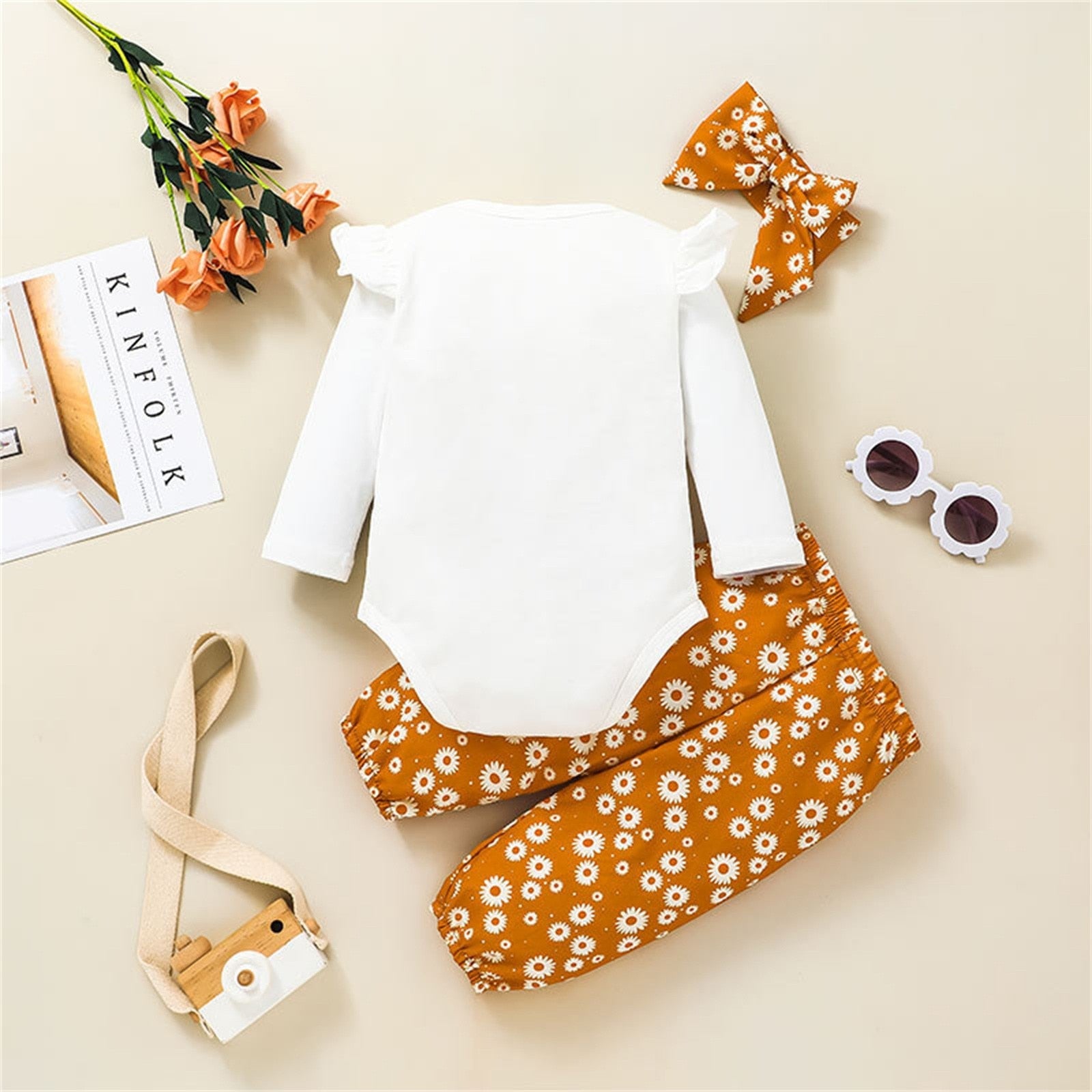 3PCS Newborn Infant girl Fall/Winter Romper Tops+ Floral Pants+Bowknot Headband Outfits