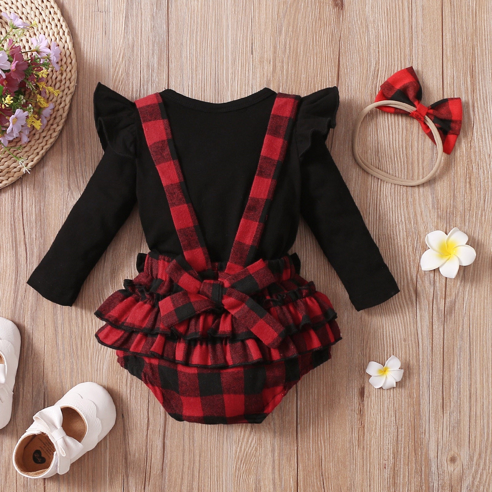 3PCS Infant Baby Girl Fall/Winter Solid Long Sleeve Tops+Plaid Printed Ruffles Suspender outfit