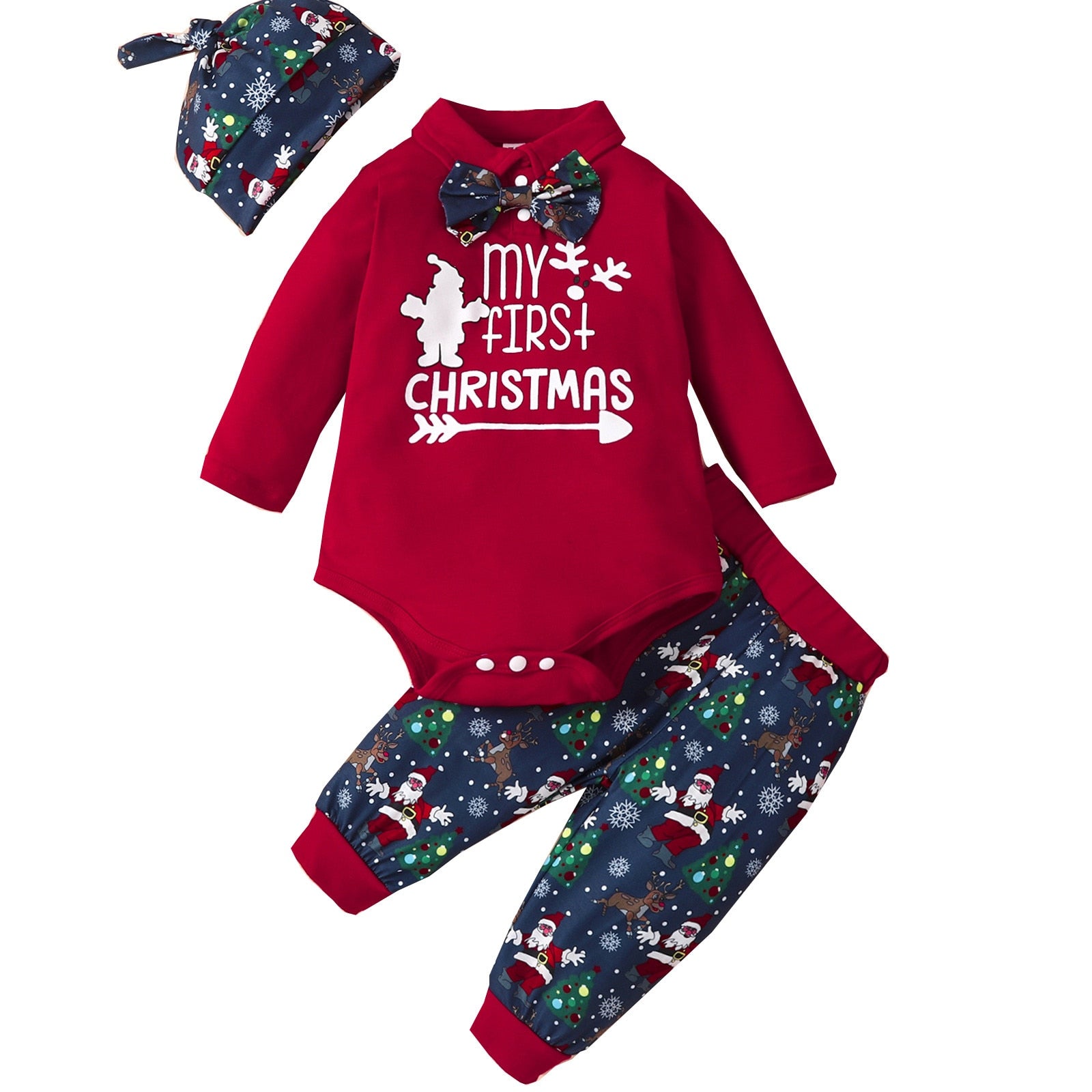 Infant Boys Girls Winter Long Sleeve Christmas Santa Cartoon Prints Romper Pants Hat Outfit