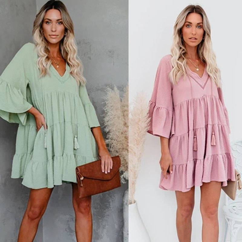 2023 Pregnant Woman Summer Clothes Sweet Short Flare Sleeve V-neck High Waist Maternity Chiffon Dress