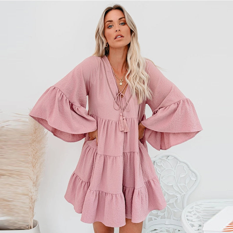 2023 Pregnant Woman Summer Clothes Sweet Short Flare Sleeve V-neck High Waist Maternity Chiffon Dress