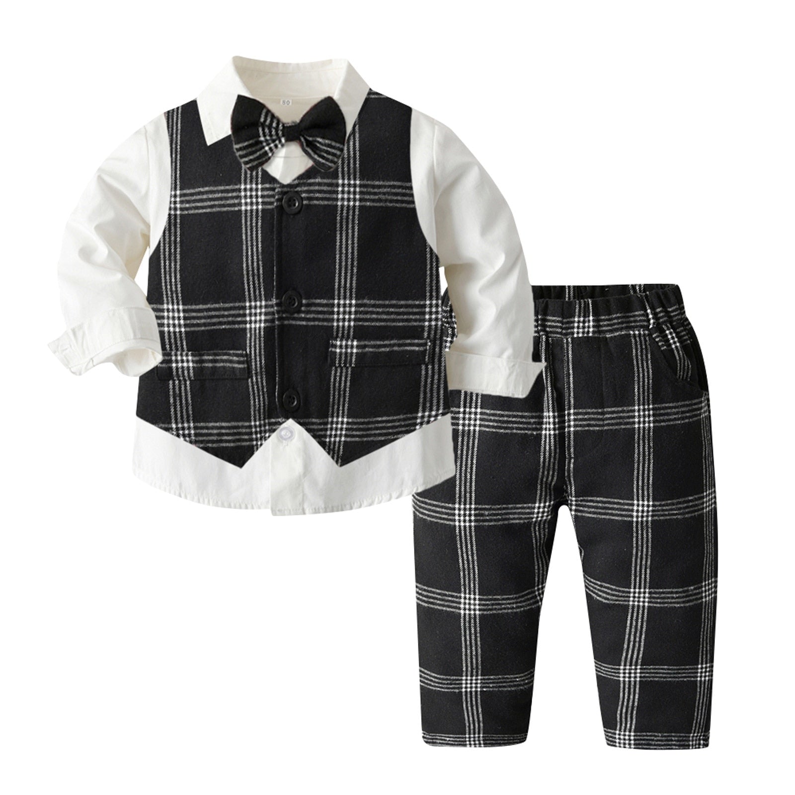 Toddler Boys Long Sleeve T Shirt Tops Plaid Vest Coat Pants Gentleman outfit
