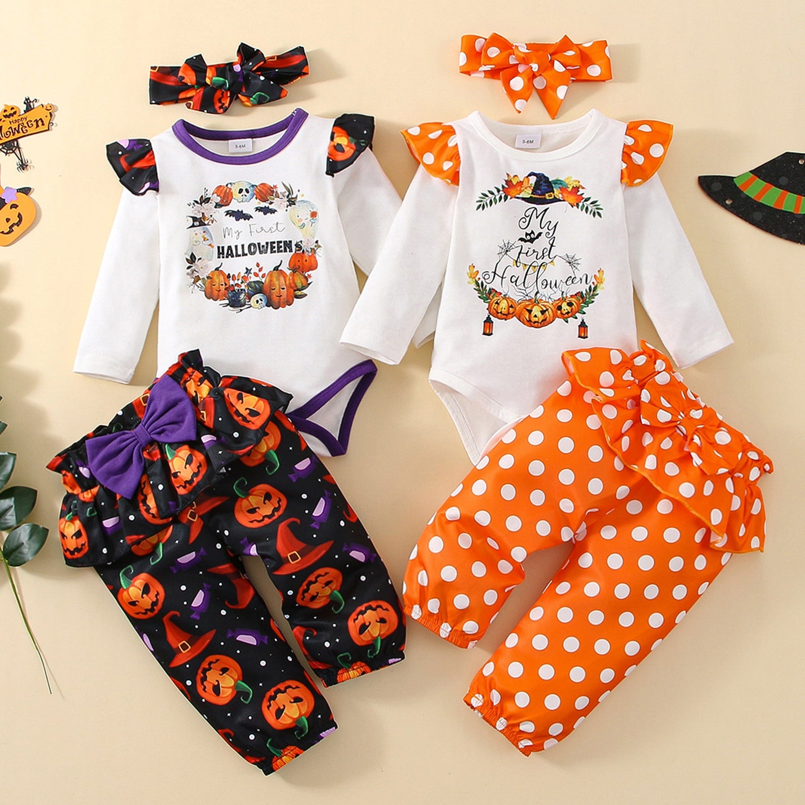 Newborn Infant Girls Halloween Clothes Fall/Winter Long Sleeve Romper, Pants, Headband outfit