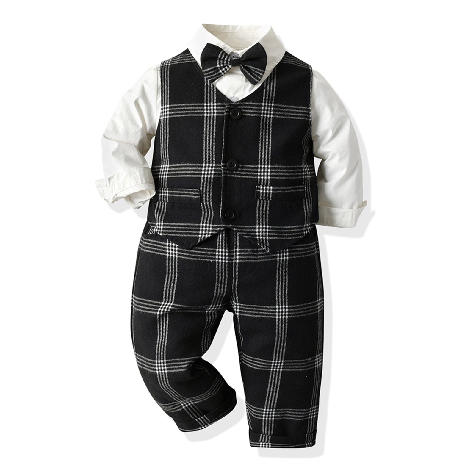 Toddler Boys Long Sleeve T Shirt Tops Plaid Vest Coat Pants Gentleman outfit