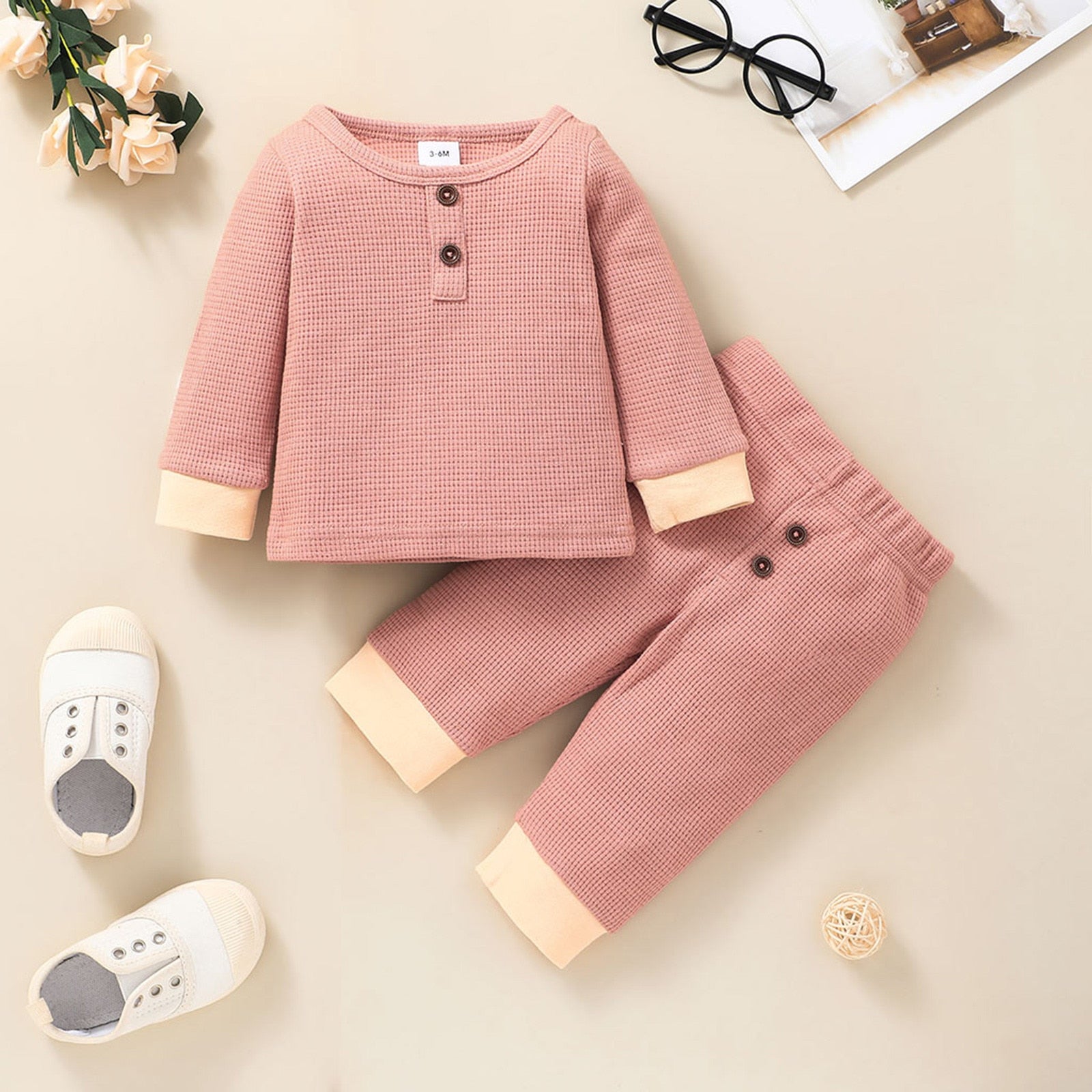 Newborn Unisex Buttoned Patchwork Sweatshirt +Pants Set