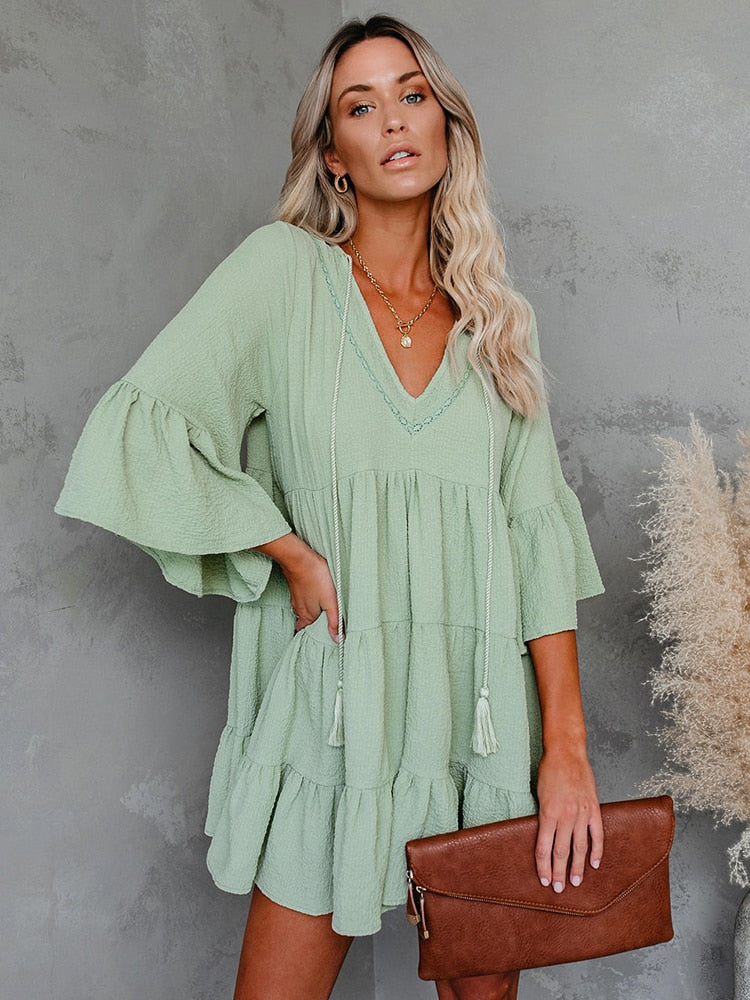 2023 Pregnant Woman Summer Clothes Sweet Short Flare Sleeve V-neck High Waist Maternity Chiffon Dress