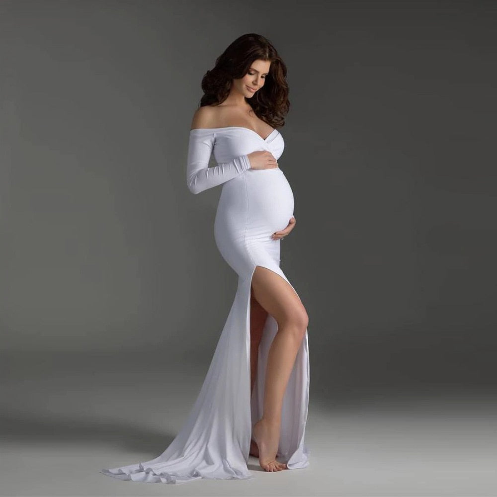 Maternity Dresses Sexy Shoulder less For Photo Shoot Maxi Gown Split Side ladies Dress