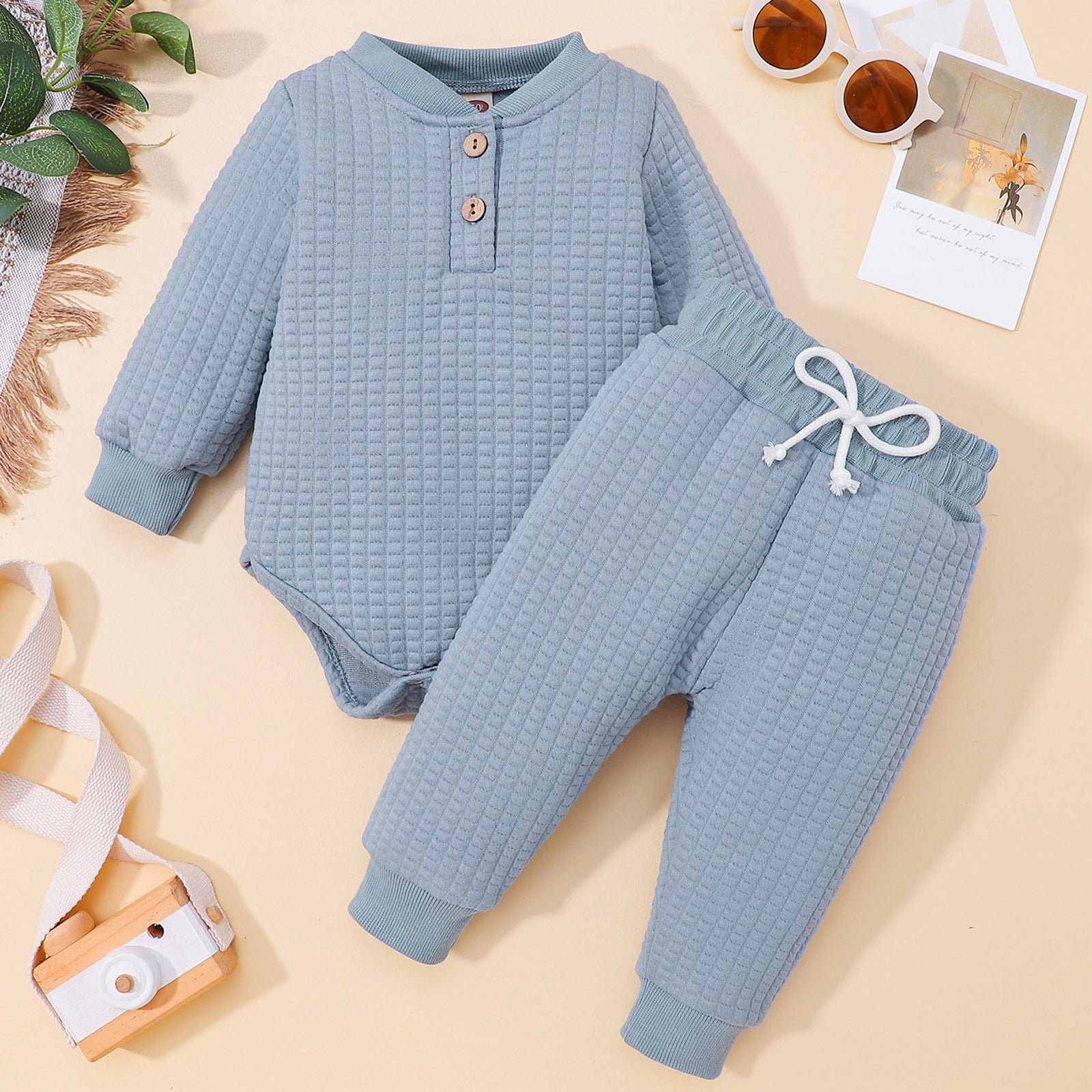 Infant Girls Boys Winter Long Sleeve Solid Thickened Warm Romper 2PCS outfit