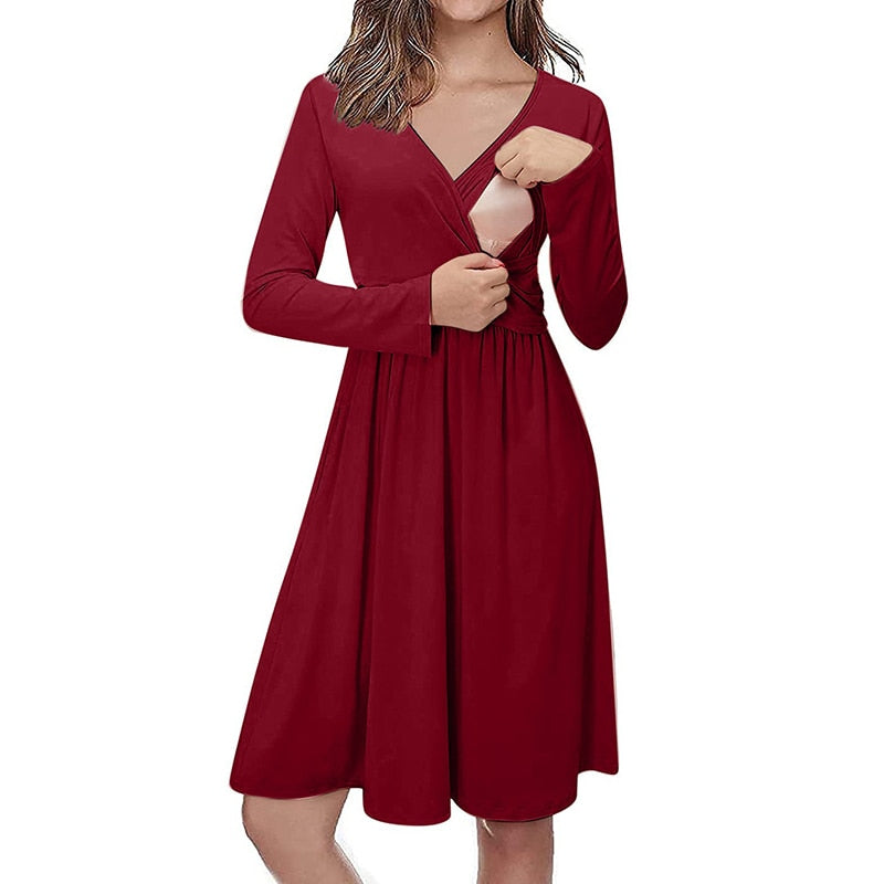 Women Maternity Long Sleeve Solid Nursing Sleepwear Dress For Breastfeeding Winter Dress Pregnant Nursing Maternity Tops