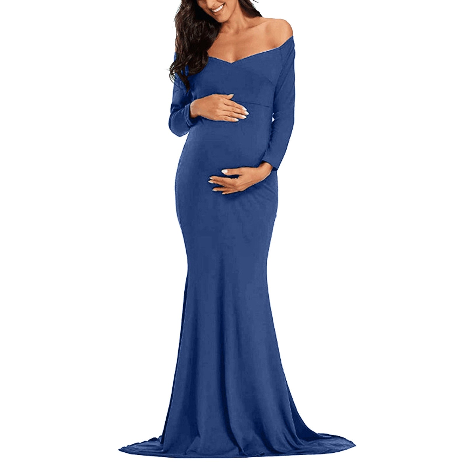Maternity Dress for Photo Shoot, Women Long Sleeve Solid Off Shoulder Dress