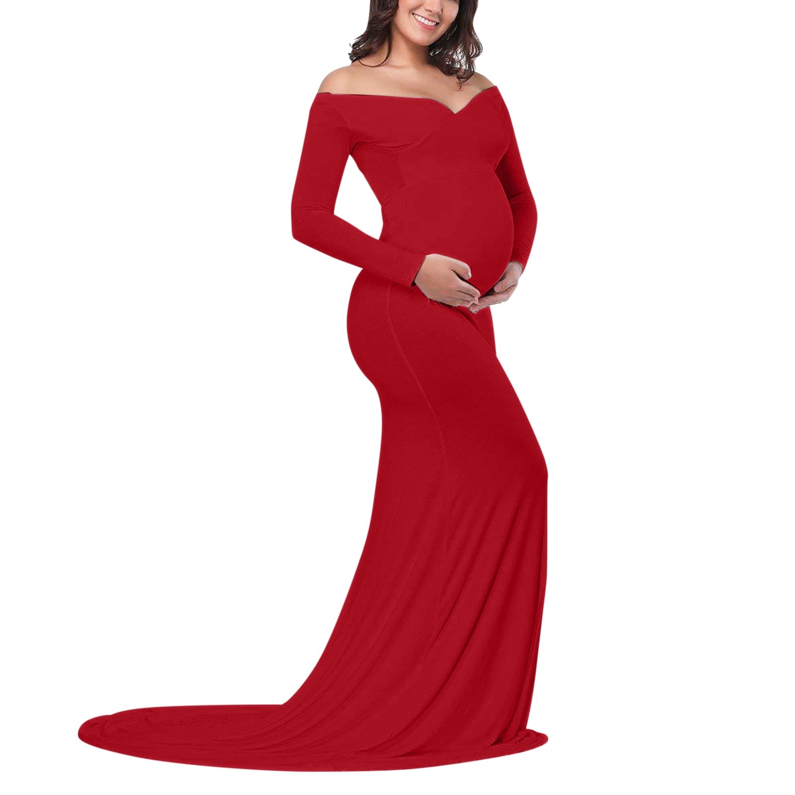 Maternity Dress for Photo Shoot, Women Long Sleeve Solid Off Shoulder Dress