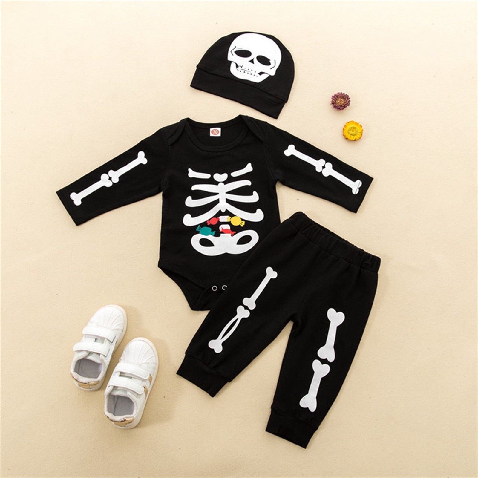 Newborn Infant Unisex Halloween Costumes 2022 Long Sleeve Skeleton Romper + Pants