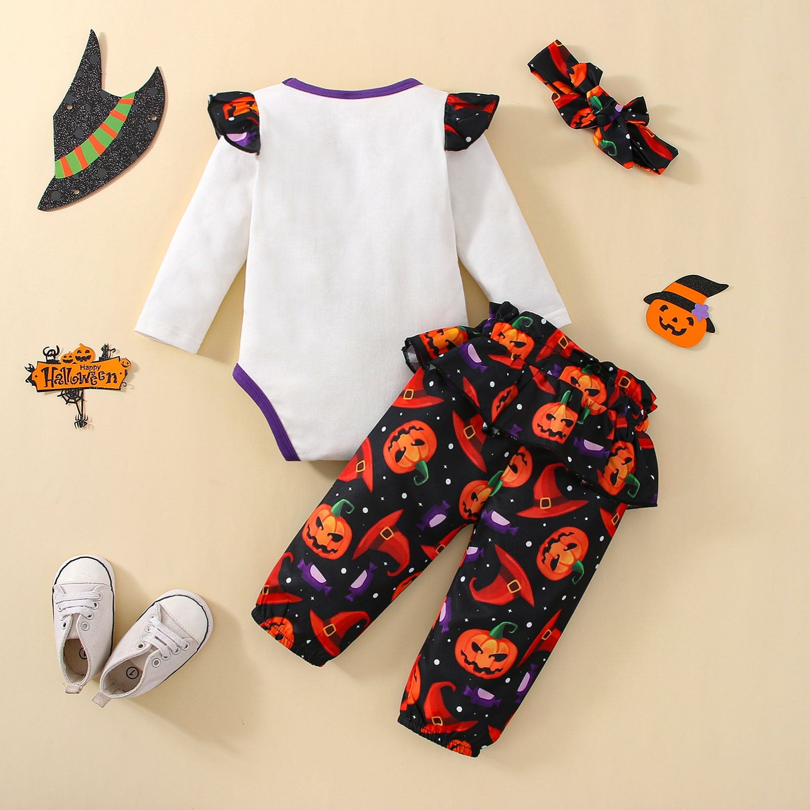 Newborn Infant Girls Halloween Clothes Fall/Winter Long Sleeve Romper, Pants, Headband outfit