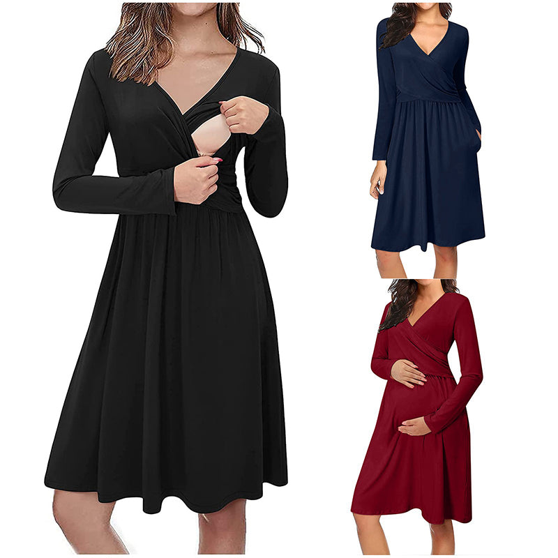 Women Maternity Long Sleeve Solid Nursing Sleepwear Dress For Breastfeeding Winter Dress Pregnant Nursing Maternity Tops