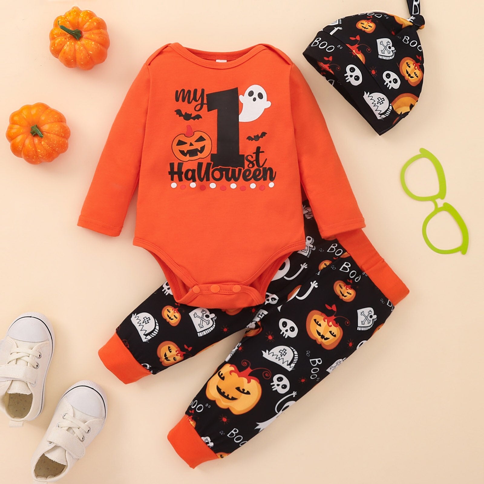 Infant Baby Unisex Halloween Print Costumes Long Sleeve Romper,Long Pants &Hat outfit