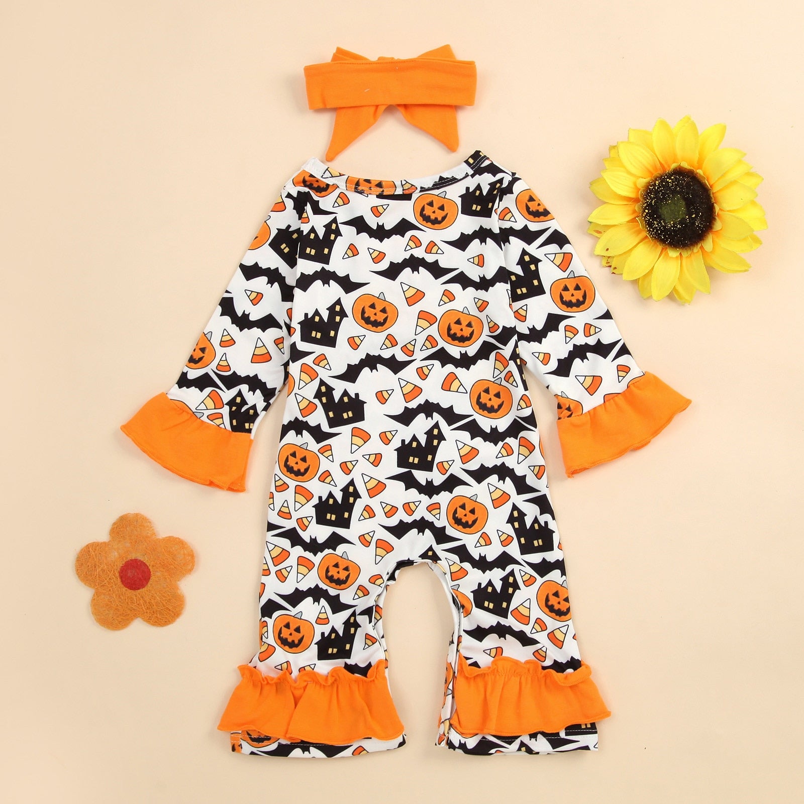 0-2 Years Newborn Infant Baby Girls Halloween Romper Pumpkin Print Outfits